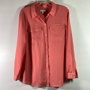 Charter Club Button Front Long Tab Sleeves Two Pocket Top/ Blouse Size L